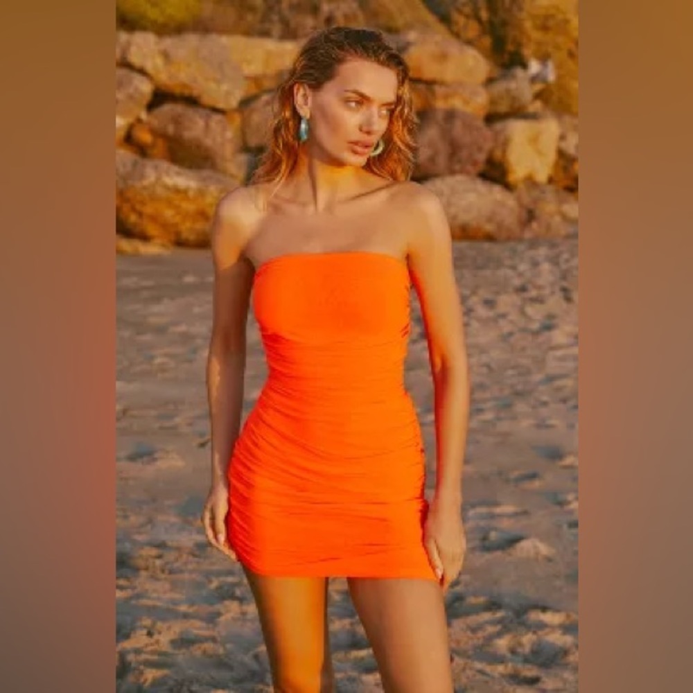 Anthropologie Coral Strapless Ruched Mini Dress